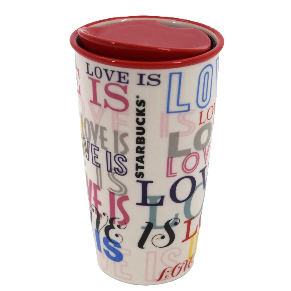 Starbucks Travel Tumbler Unisex 12oz White Love Is Typography Excellent Ceramic